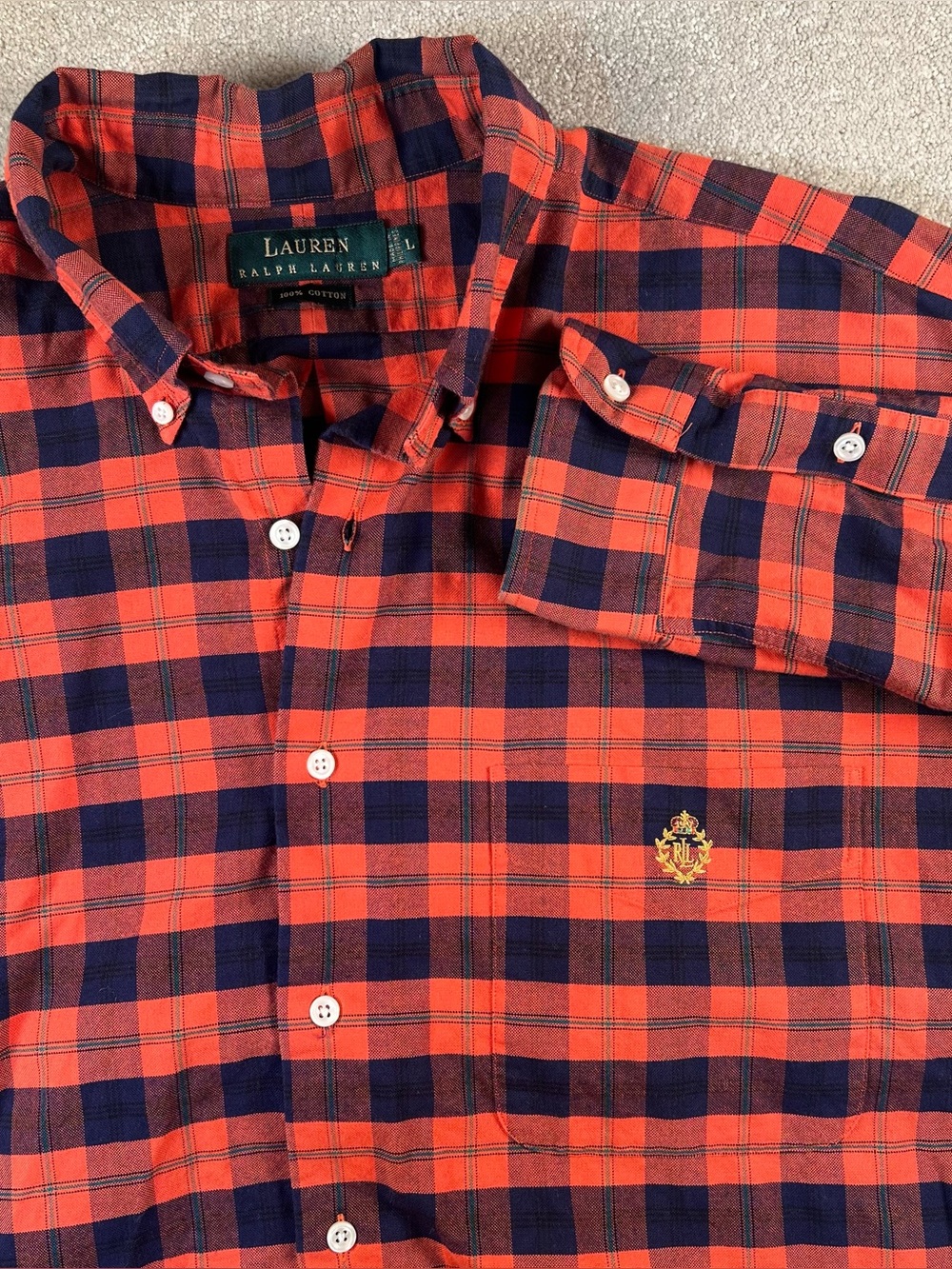 Lauren Ralph Lauren Shirt Button Up Plaid Orange Crest Pocket 100% Cotton Mens L